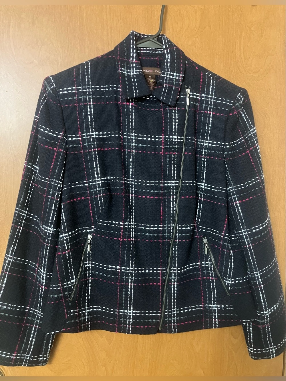 Bandolino Women's Navy Blue Plaid Tweed Full Zip Jacket Size 12